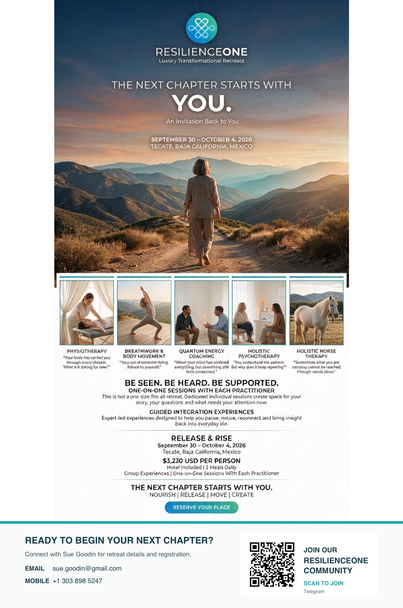 The full Release & Rise: The Next Chapter brochure. A woman stands on a ridge at sunrise overlooking the hills of Tecate, Baja California, beneath the words The Next Chapter Starts With You, 30 September to 4 October 2026. Five photographs show physiotherapy, breathwork and body movement, quantum energy coaching, holistic psychotherapy, and holistic horse therapy. Below: one-on-one sessions with each practitioner, $3,230 USD per person, hotel and three meals daily, and the four truths, Nourish, Release, Move, Create. At the foot, a call to connect for registration and a QR code to join the ResilienceONE community on Telegram.