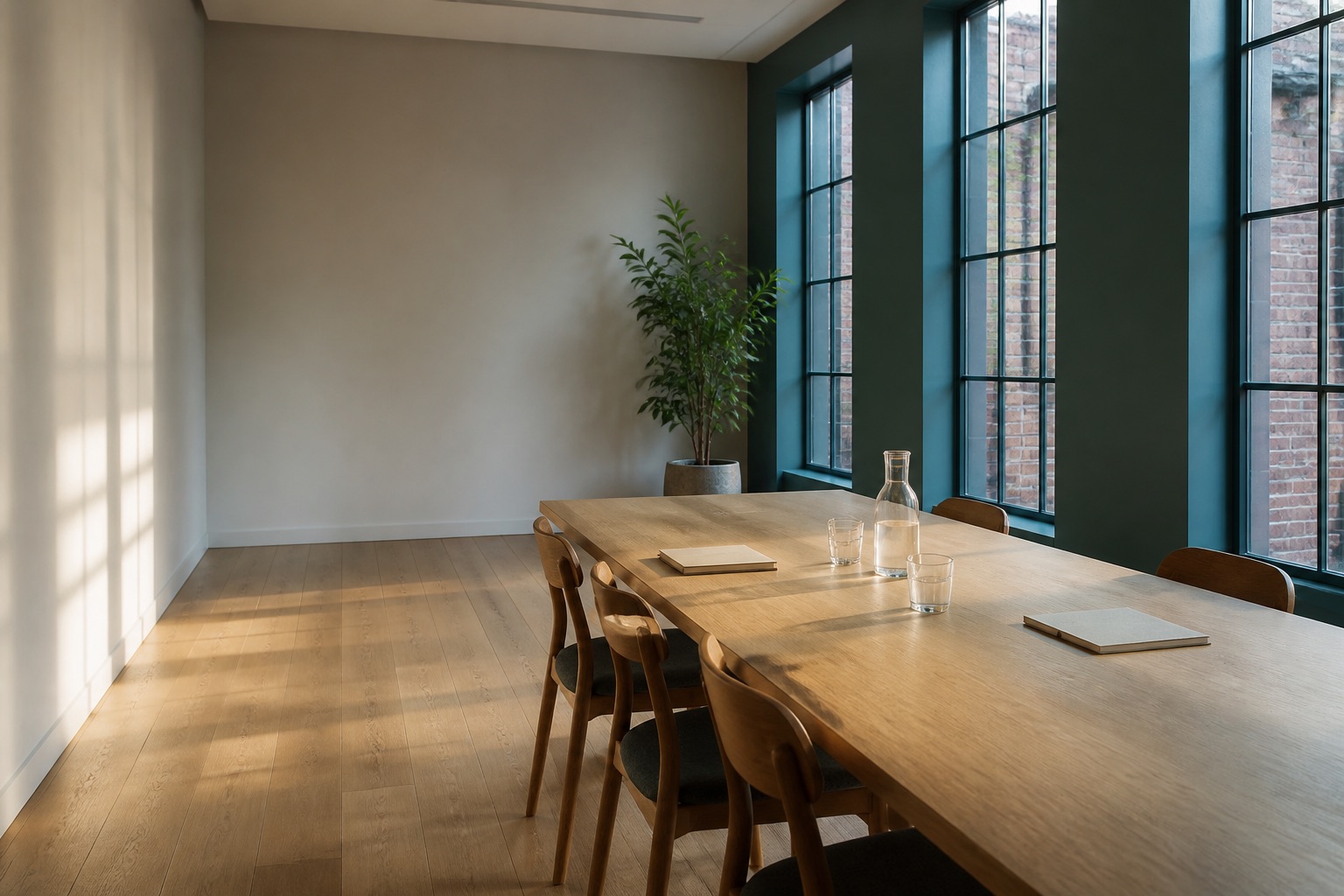 A long timber table and chairs beside tall windows in a quiet, empty meeting room