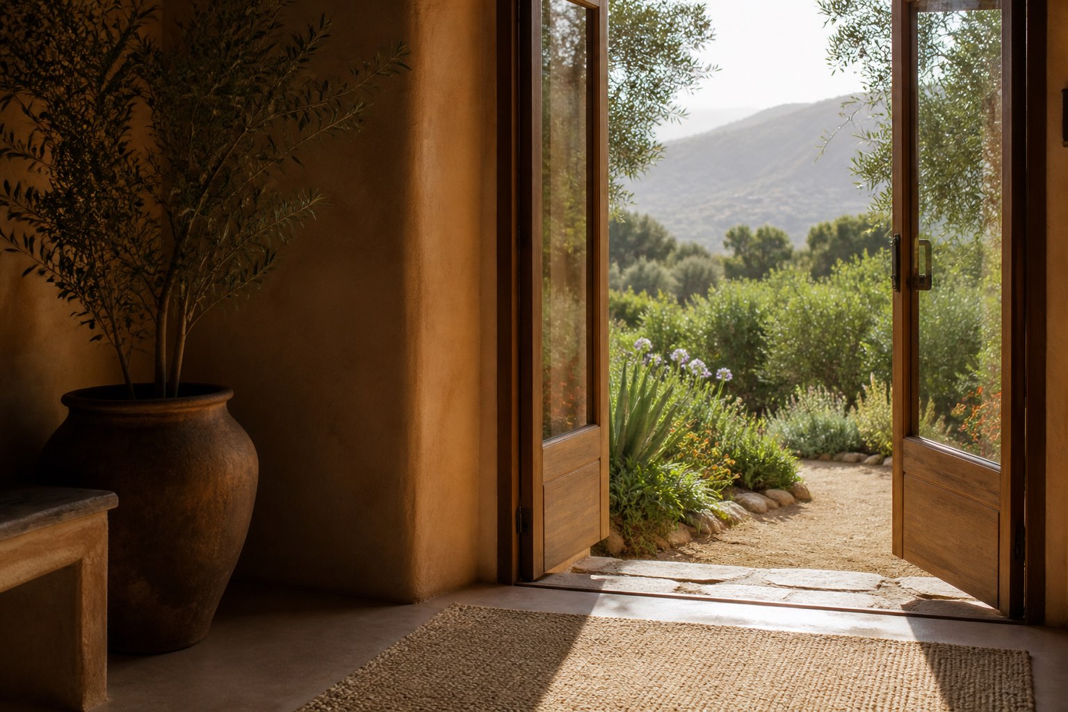 An open doorway looking out onto sunlit retreat gardens in early morning light