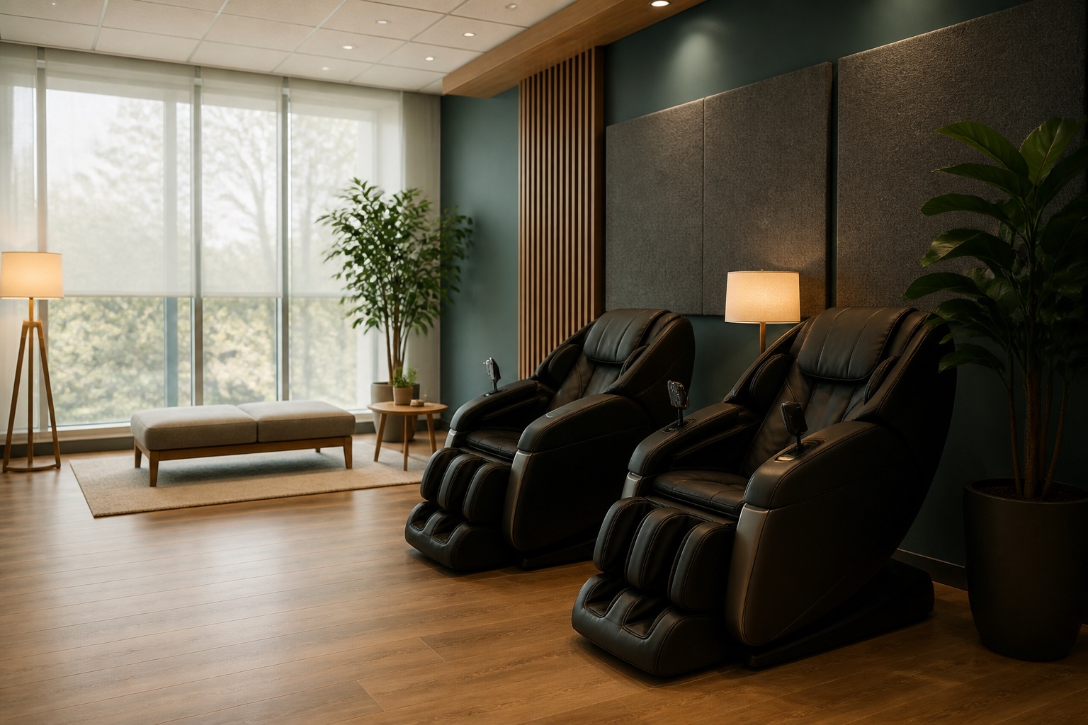 An employee wellness lounge with massage chairs and soft lighting