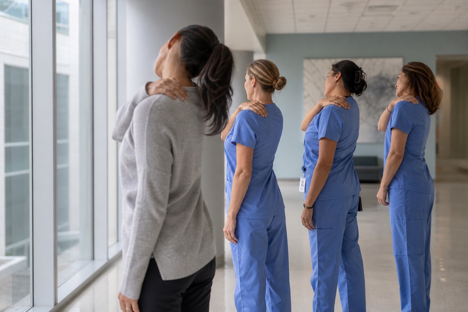 A health coach leading a short standing stretch with nurses in a hospital corridor