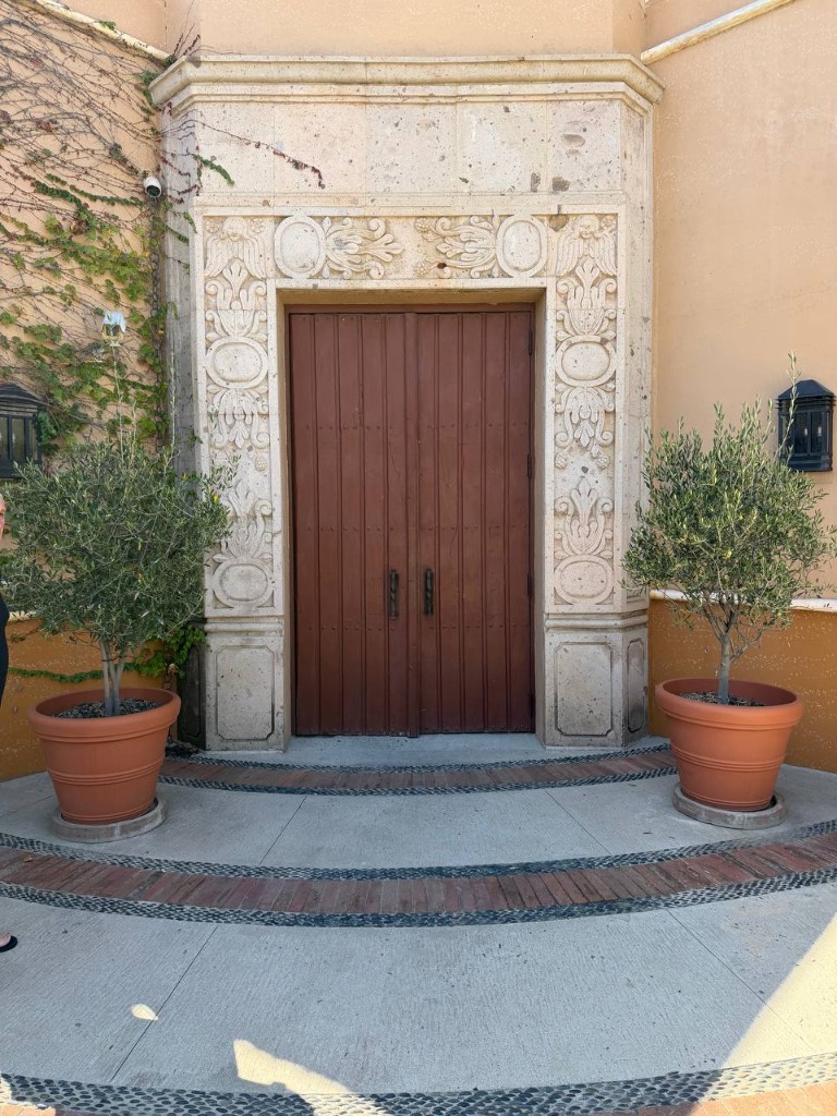 A carved stone doorway with brown wooden doors, olive trees in terracotta pots on either side, and ivy on the wall